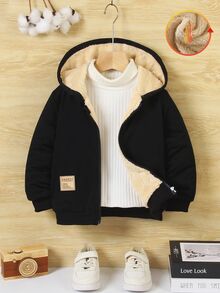 SHEIN 男童舒適羊羔絨內裡連帽拉鍊夾克，保暖抓絨加厚冬季外套，適合休閒上學、戶外玩耍與雪天 - 黑色 - 查看 4
