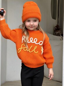 SHEIN Young Girl Hand-Embroidered Woven Flowers Cute Soft, Warm, Casual And Versatile Sweaters,Suitable For Daily Autumn - Orange - View 1