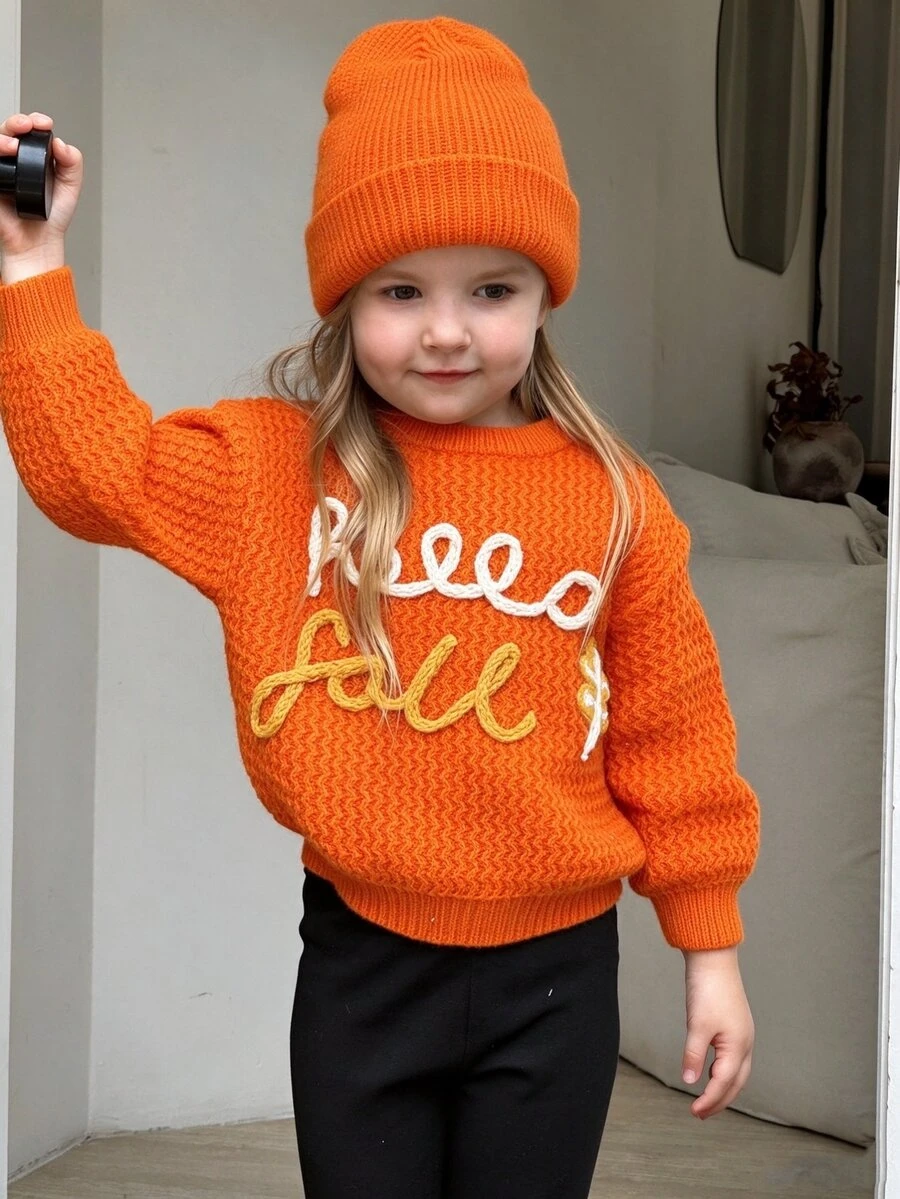 SHEIN Young Girl Hand-Embroidered Woven Flowers Cute Soft, Warm, Casual And Versatile Sweaters,Suitable For Daily Autumn - Orange - View 1