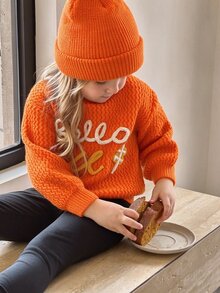 SHEIN Young Girl Hand-Embroidered Woven Flowers Cute Soft, Warm, Casual And Versatile Sweaters,Suitable For Daily Autumn - Orange - View 3