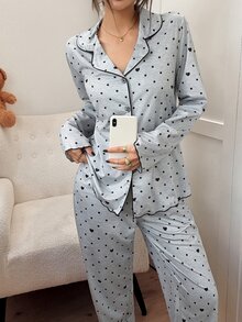 SweetSlumber Women's Heart & Polka Dot Print Lapel Collar Pajama Set - Grey - View 1