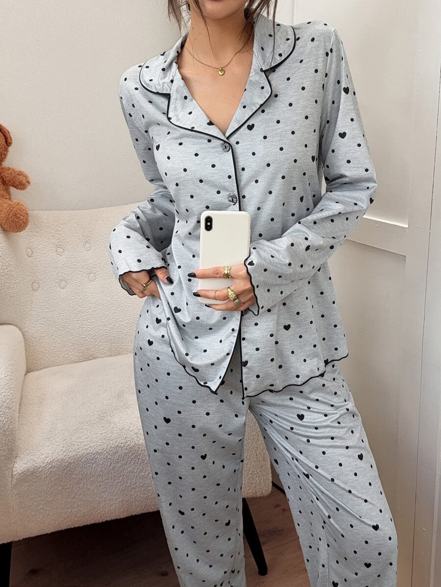 SweetSlumber Women's Heart & Polka Dot Print Lapel Collar Pajama Set - Grey - View 1