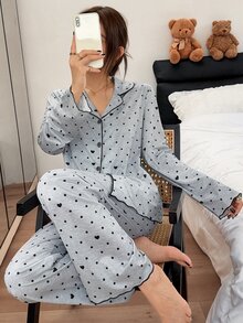 SweetSlumber Women's Heart & Polka Dot Print Lapel Collar Pajama Set - Grey - View 5