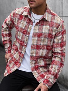 Manfinity Homme Men's Casual Vacation Plaid Button-Up Long Sleeve Shirt - Red - View 4