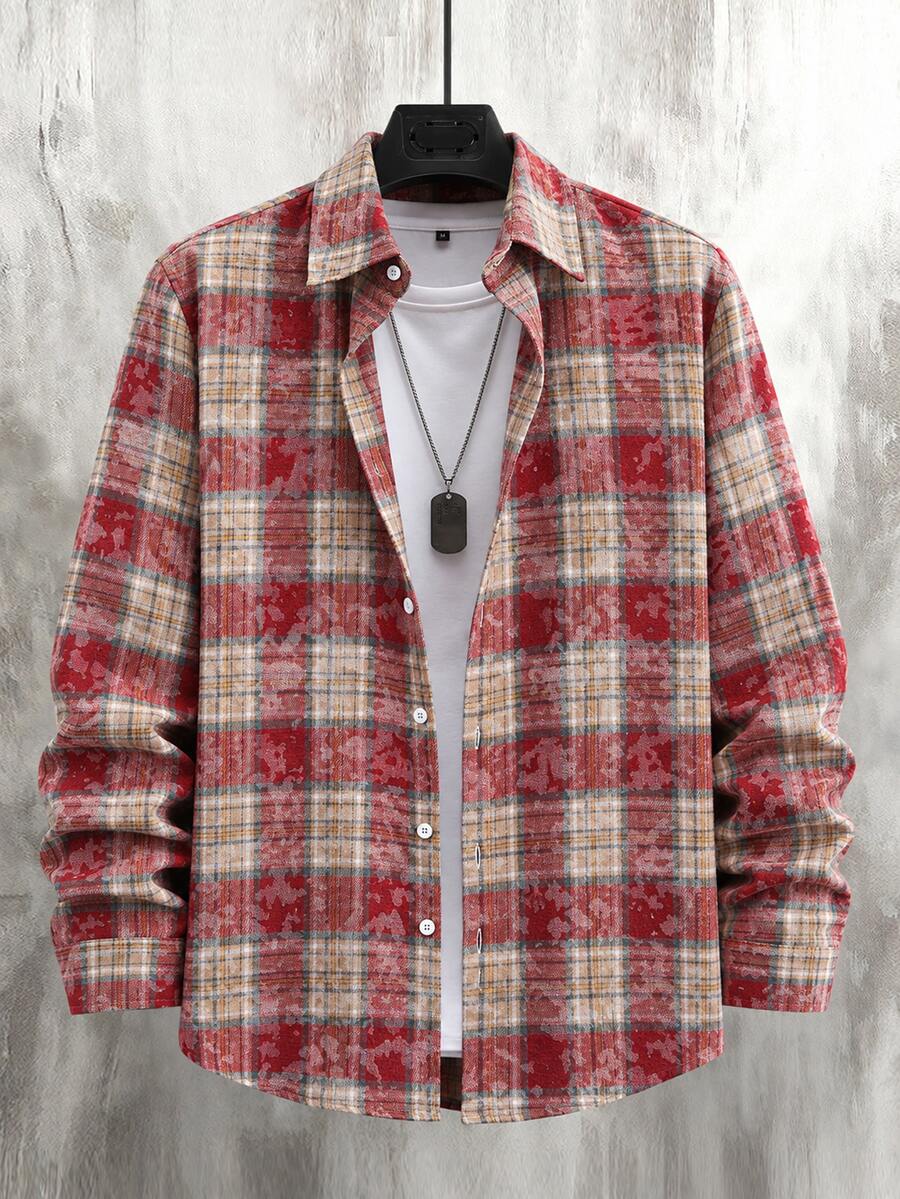 Manfinity Homme Men's Casual Vacation Plaid Button-Up Long Sleeve Shirt - Red - View 1