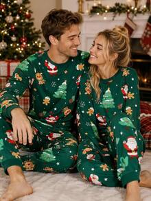 Manfinity Homme Men's Christmas Pattern Print Top And Pants Loungewear Set - Green - View 6
