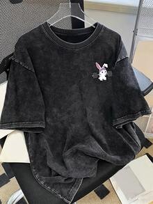 HypeHours 男士卡通兔子印花水洗棉T恤 - 黑色 - 查看 4