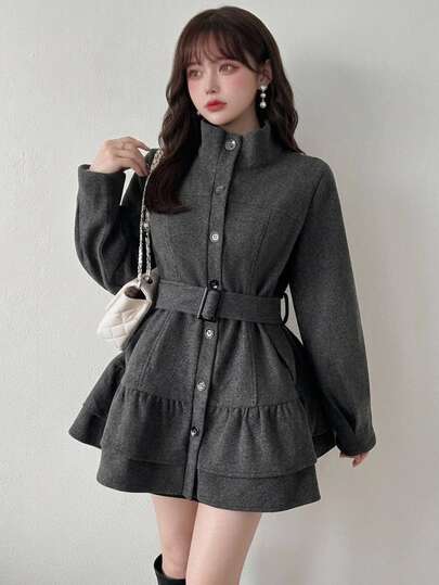 FRIFUL Manteau long à manches longues, couleur unie, à volants, à simple boutonnage, pour femme, style bureau, quotidien, rendez-vous, dîner, gris foncé, automne, français, élégant, mignon, hiver