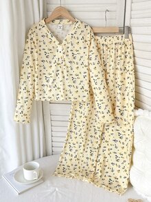 SHEIN Tween女孩秋冬休閒兒童鈕扣半開襟長袖針織羅紋花卉套頭上衣與配套長褲2件套居家服，黃色 - 黃色 - 查看 4