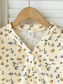 SHEIN Tween女孩秋冬休閒兒童鈕扣半開襟長袖針織羅紋花卉套頭上衣與配套長褲2件套居家服，黃色 - 黃色 - 查看 7