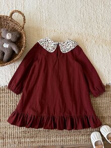 Young Girl Woven Solid Kids Color Patchwork Floral Peter Pan Collar 3D Bow Casual Dress - Brown - View 6