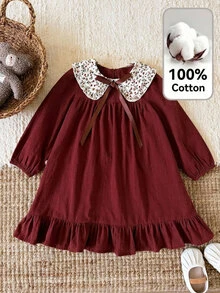 Young Girl Woven Solid Kids Color Patchwork Floral Peter Pan Collar 3D Bow Casual Dress - Brown - View 3