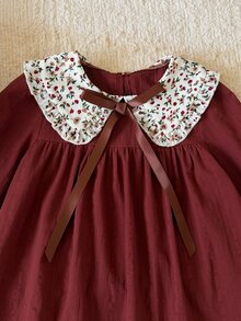 Young Girl Woven Solid Kids Color Patchwork Floral Peter Pan Collar 3D Bow Casual Dress - Brown - View 8