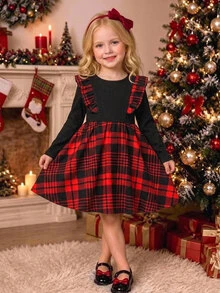 SHEIN Đầm 2 trong 1 cho bé gái cổ tròn tay dài phối patchwork kẻ caro gấu bèo nhún - Nhiều màu - Xem 1