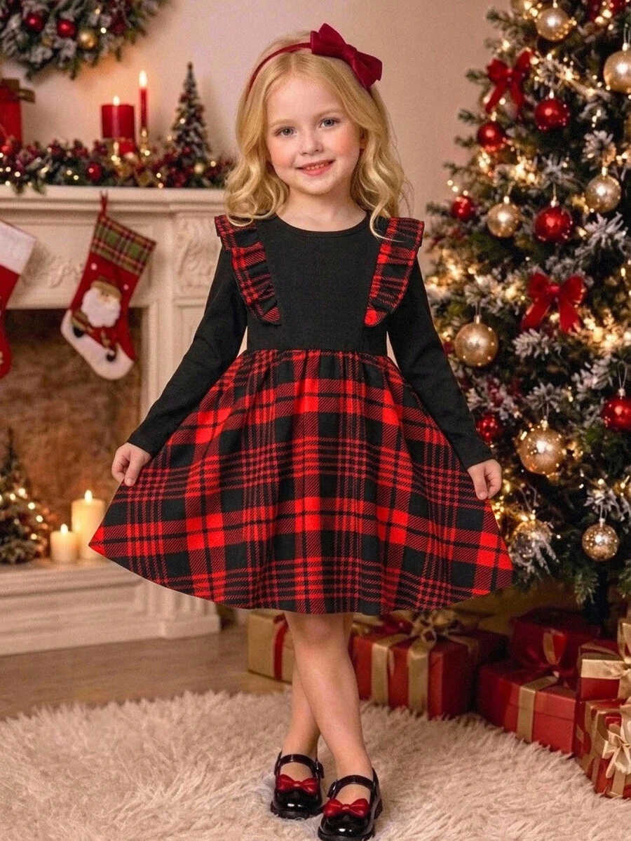 SHEIN Đầm 2 trong 1 cho bé gái cổ tròn tay dài phối patchwork kẻ caro gấu bèo nhún - Nhiều màu - Xem 1