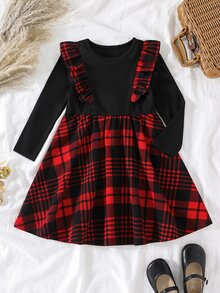 SHEIN Đầm 2 trong 1 cho bé gái cổ tròn tay dài phối patchwork kẻ caro gấu bèo nhún - Nhiều màu - Xem 4