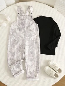 SHEIN 兒童小男孩秋冬休閒時尚灰色迷彩連身褲工裝褲 幼兒冬季連身褲街頭風 - 灰色 - 查看 6