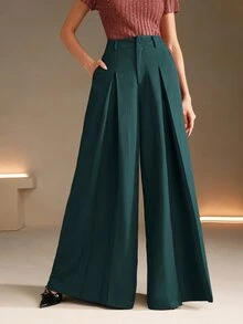 Anewsta Essential Women's Solid Color Wide Leg Flared Suit Pants - Dark Green - View 5
