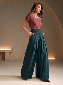 Anewsta Essential Women's Solid Color Wide Leg Flared Suit Pants - Dark Green - View 3