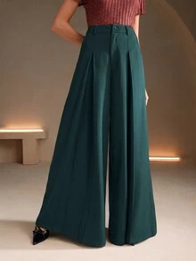 Anewsta Essential Women's Solid Color Wide Leg Flared Suit Pants - Dark Green - View 6