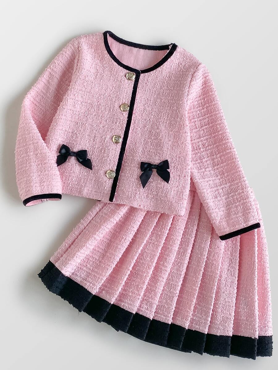 SHEIN 2 Pcs KIDS Young Girls Elegant Commute Round Neck Contrast Color Bow Jacket & Skirt Set, Autumn/Winter, Outing, Back To School, Birthday, Party - Pink - View 1