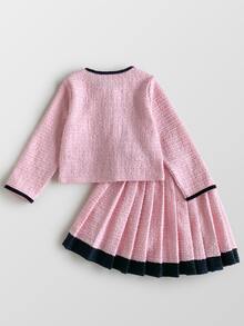SHEIN 2 Pcs KIDS Young Girls Elegant Commute Round Neck Contrast Color Bow Jacket & Skirt Set, Autumn/Winter, Outing, Back To School, Birthday, Party - Pink - View 3