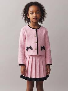 SHEIN 2 Pcs KIDS Young Girls Elegant Commute Round Neck Contrast Color Bow Jacket & Skirt Set, Autumn/Winter, Outing, Back To School, Birthday, Party - Pink - View 2