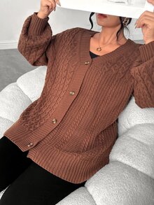 Elenzga Plus Size V-Neck Button Cable Knit Lantern Sleeve Sweater, Casual And Comfortable - Brown - View 3