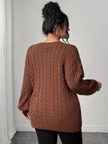 Elenzga Plus Size V-Neck Button Cable Knit Lantern Sleeve Sweater, Casual And Comfortable - Brown - View 2