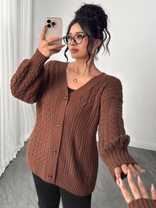 Elenzga Plus Size V-Neck Button Cable Knit Lantern Sleeve Sweater, Casual And Comfortable - Brown - View 7