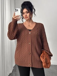 Elenzga Plus Size V-Neck Button Cable Knit Lantern Sleeve Sweater, Casual And Comfortable - Brown - View 4