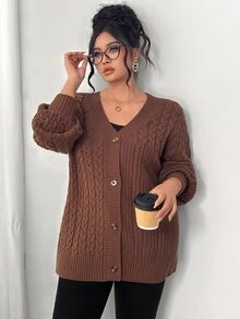 Elenzga Plus Size V-Neck Button Cable Knit Lantern Sleeve Sweater, Casual And Comfortable - Brown - View 6