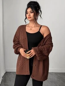 Elenzga Plus Size V-Neck Button Cable Knit Lantern Sleeve Sweater, Casual And Comfortable - Brown - View 1