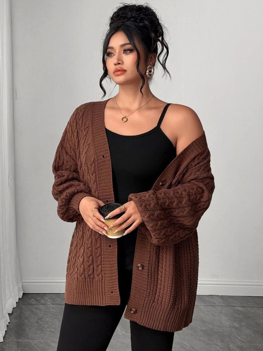Elenzga Plus Size V-Neck Button Cable Knit Lantern Sleeve Sweater, Casual And Comfortable - Brown - View 1