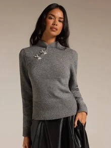 COSMINA Women's Casual Elegant Rhinestone Embellished Sweater - Apricot - View 5
