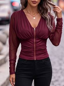 Trelyra Women's Mature Style Burgundy Deep V-Neck Metal Zipper Mesh Top, Batwing Sleeve Ruched Cinched Waist Long Sleeve Base Layer - Burgundy - View 4
