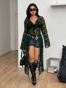 Coolane 女款大尺碼秋冬優雅性感派對晚宴正式度假外出夜店 Y2K Gyaru 風格蕾絲荷葉邊蝴蝶結綠色長大衣，萬聖節適用 - 墨綠色 - 查看 6