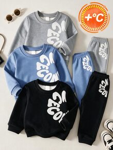 SHEIN 6件組嬰兒幼兒男童秋季加厚圓領套頭運動衫與慢跑長褲套裝，聖誕字母圖案運動服，藍白配色 - 彩色 - 查看 1