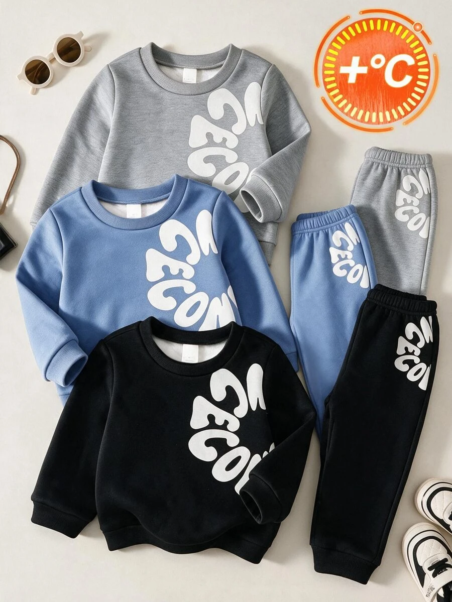 SHEIN 6件組嬰兒幼兒男童秋季加厚圓領套頭運動衫與慢跑長褲套裝，聖誕字母圖案運動服，藍白配色 - 彩色 - 查看 1