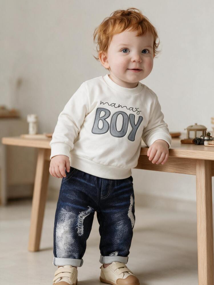 SHEIN 2pcs/Set Toddler Boys Sweatshirt And Denim-Like Pants Set, Cute White And Blue Letter Print, Distressed Ripped Long Sleeve Crew Neck Regular Fit, Holiday Autumn Outfit - White - View 5