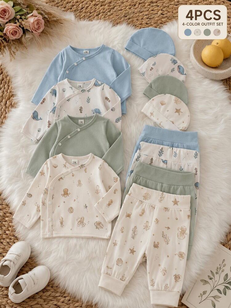 SHEIN Newborn Baby Round Neck Long Sleeve Top And Pants Casual Daily Outfit - Multicolor - View 1