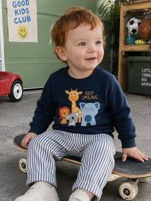 SHEIN 2pcs/Set Toddler Boy Cute Giraffe Graphic Round Neck Regular Long Sleeve Pullover Sweatshirt & Striped Sweatpants Joggers Set Fall - Navy Blue - View 7