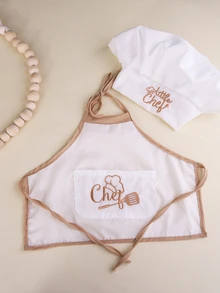 SHEIN 0-6 Month Newborn Photography Outfits Little Chef Embroidery Baby Boy Girl White Chef Hat And Apron Set Color Contrast Infant Photo Shooting Props - White - View 4
