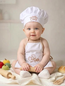 SHEIN 0-6 Month Newborn Photography Outfits Little Chef Embroidery Baby Boy Girl White Chef Hat And Apron Set Color Contrast Infant Photo Shooting Props - White - View 8