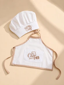 SHEIN 0-6 Month Newborn Photography Outfits Little Chef Embroidery Baby Boy Girl White Chef Hat And Apron Set Color Contrast Infant Photo Shooting Props - White - View 5
