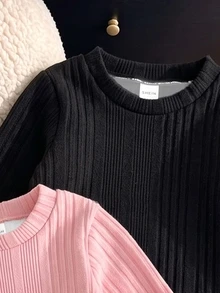 SHEIN Girls' Solid Color Ribbed Knit Thickened Thermal Lined Semi-High Neck Long Sleeve Jumpsuit Fall Cowboy Matching Mommy Daughter Pink Black - Multicolor - View 3