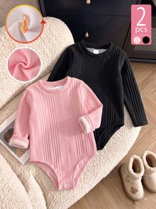 SHEIN Girls' Solid Color Ribbed Knit Thickened Thermal Lined Semi-High Neck Long Sleeve Jumpsuit Fall Cowboy Matching Mommy Daughter Pink Black - Multicolor - View 1