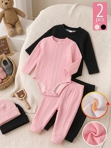 SHEIN Girls' Solid Color Ribbed Knit Thickened Thermal Lined Semi-High Neck Long Sleeve Jumpsuit Fall Cowboy Matching Mommy Daughter Pink Black - Multicolor - View 4