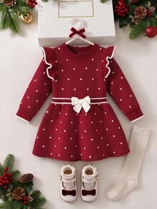 SHEIN Đầm len chui đầu cho bé gái, cổ tròn, gấu bèo nhún, dệt vặn thừng, tay dài, thoải mái cho mùa thu/đông - Đỏ - Xem 3