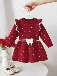 SHEIN Đầm len chui đầu cho bé gái, cổ tròn, gấu bèo nhún, dệt vặn thừng, tay dài, thoải mái cho mùa thu/đông - Đỏ - Xem 7